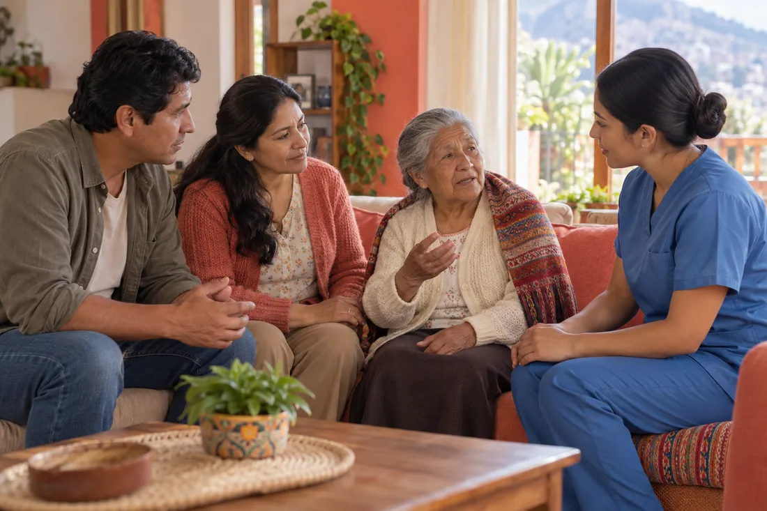 Escena ilustrativa: Una familia incluye a una mujer mayor en la conversación con una enfermera.