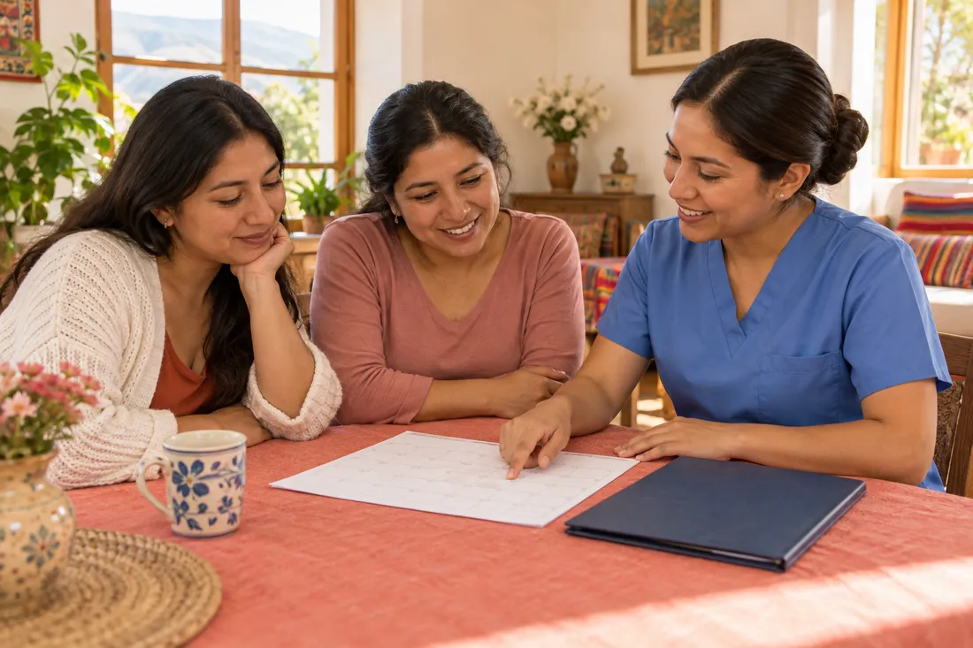 Escena ilustrativa: Dos familiares y una enfermera revisan una hoja de planificación sin datos visibles.