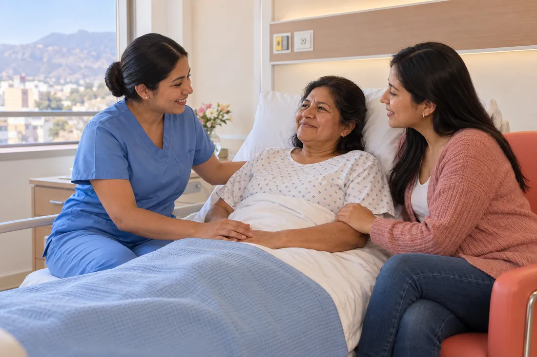 Escena ilustrativa: Una enfermera acompaña a una mujer adulta y su hija en una habitación de hospital.