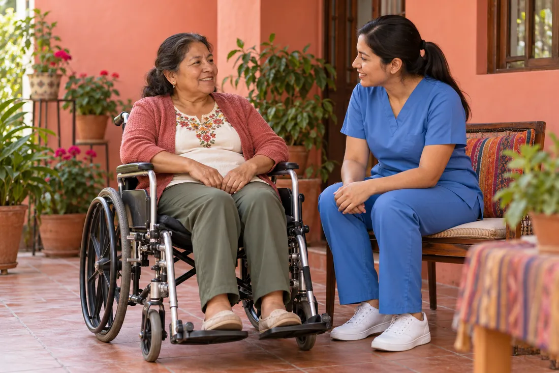 Escena ilustrativa: Una mujer en silla de ruedas conversa a la misma altura con una enfermera en un patio.